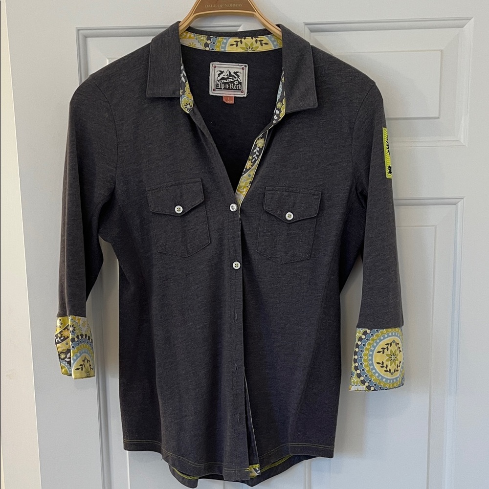 Alp n Rock Charcoal grey women’s blouse with embroidered logo, patch on sleeve